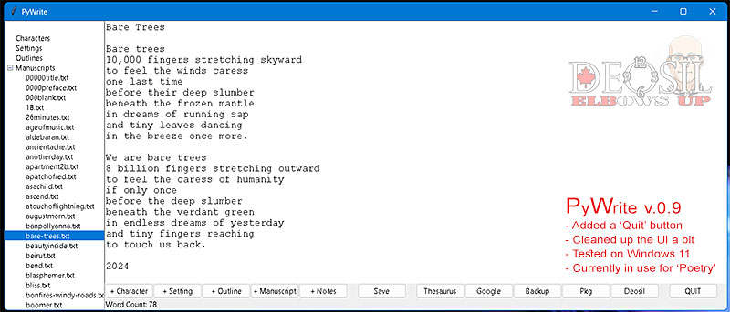PyWrite v.0.9 - added a Quit button and cleaned up the UI mostly.
