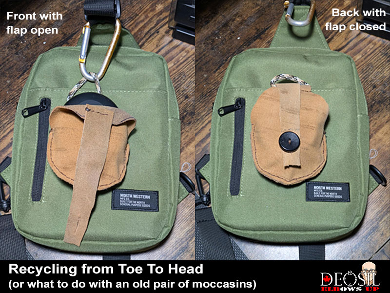 Front and back views of the earbuds pouch for my messenger bag.