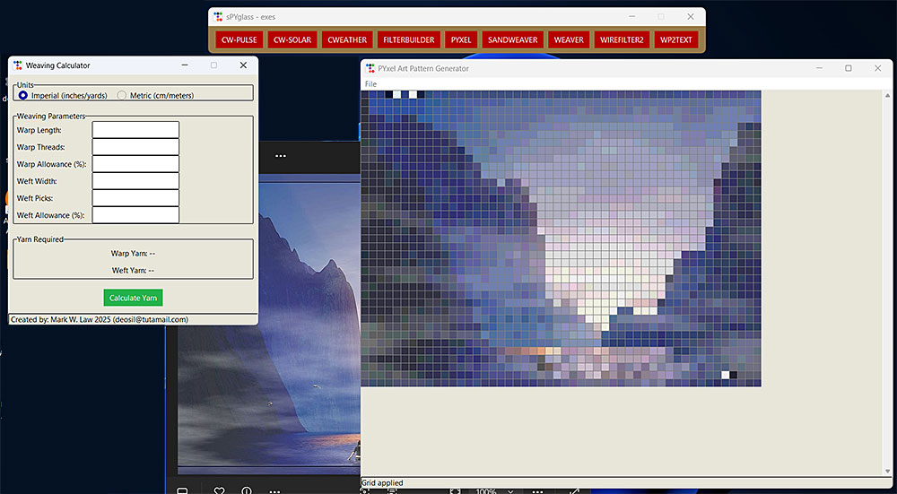 A screenshot of my two latest python creations - a weaving calculator for my wife and PYxel, a pixel art pattern generator. That's SPYglass at the top.