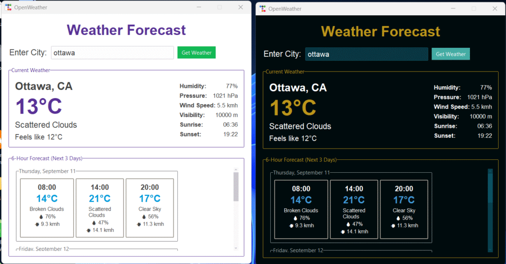 A weather app in light and dark format using the OpenWeather data.