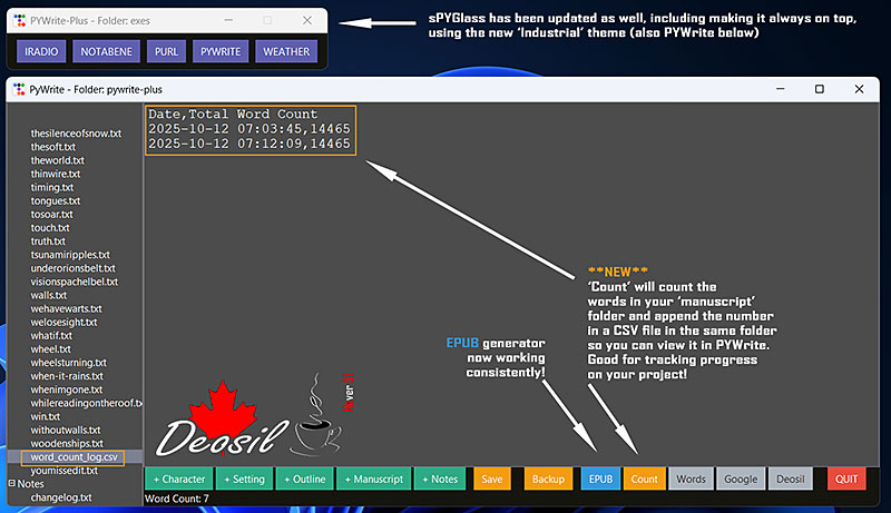 Image of updated PYWrite plus showing the new Total Word Count feature and updates to the EPUB feature and sPYGlass toolbar.