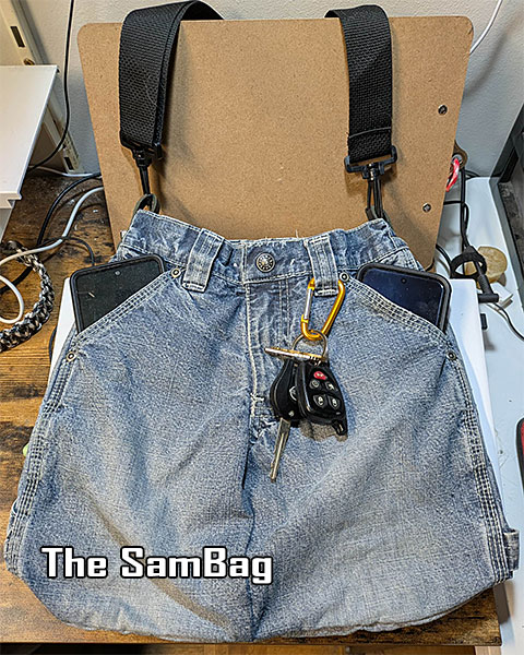 The SamBag - recycling a wee pair of painter pants into a multi-functional carry bag.